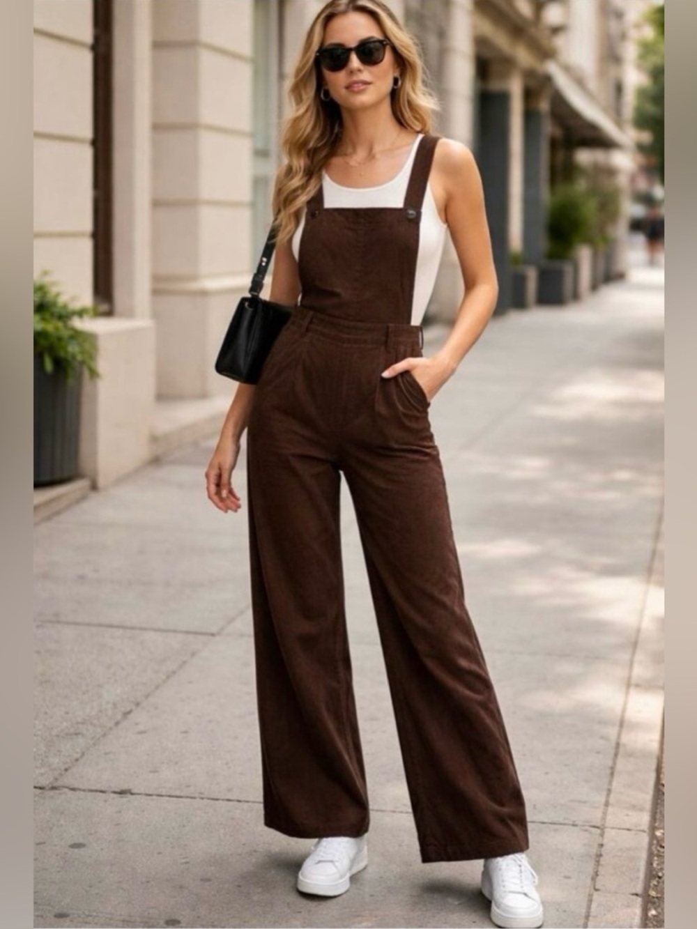 Cider brown corduroy overall wide leg jumpsuit